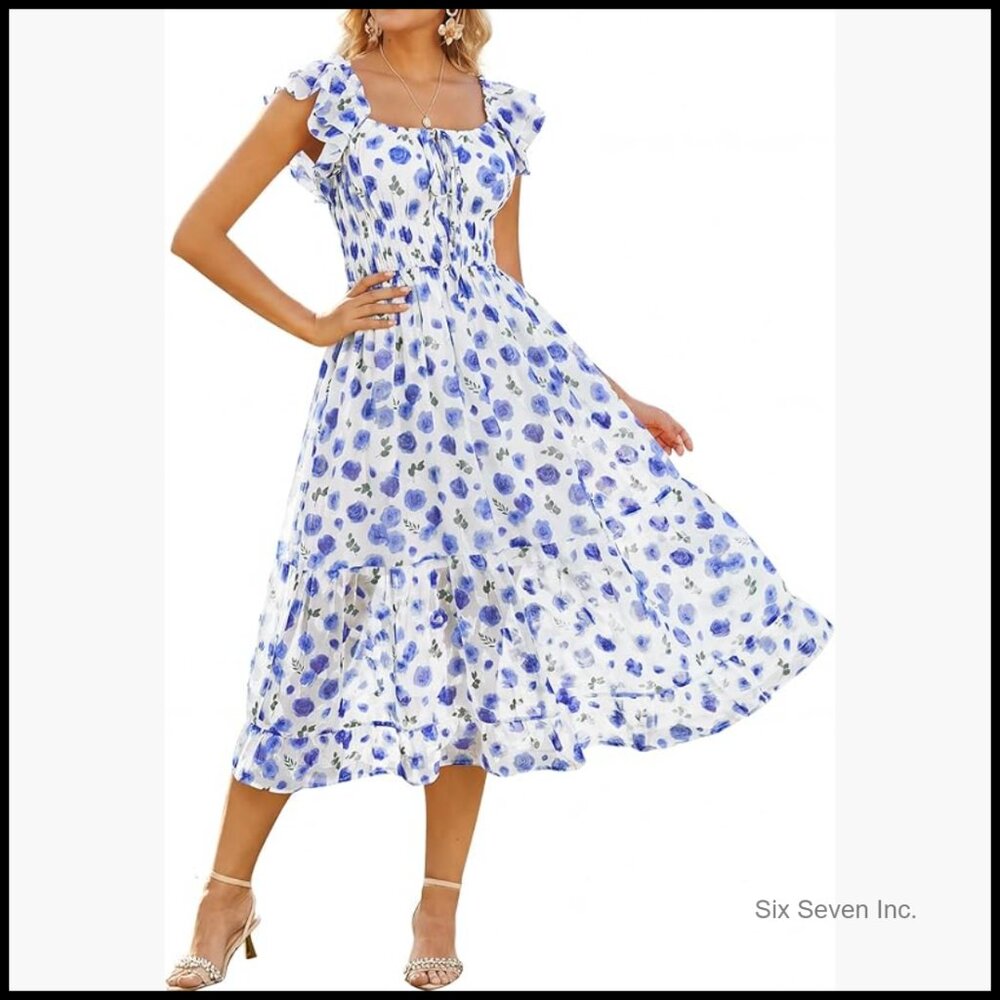 Floral Midi Dress Square Neck A-Line Casual Summer Jacquard Fabric